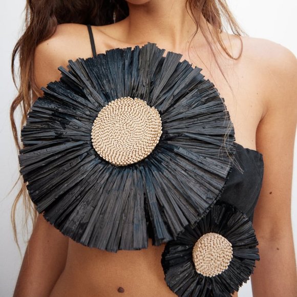 🦋 Bloggers Favorite 🦋 NWT ZARA LINEN BLEND RAFFIA FLOWER TOP SIZE M - Picture 15 of 17